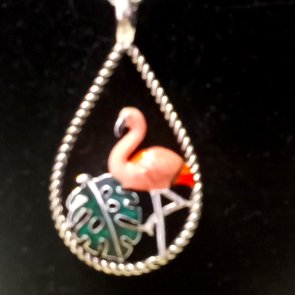 Monstera Leaf & Pink Flamingo Enamel Necklace